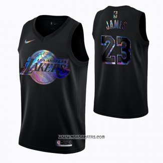 Camiseta Los Angeles Lakers LeBron James #23 Iridescent Logo Negro